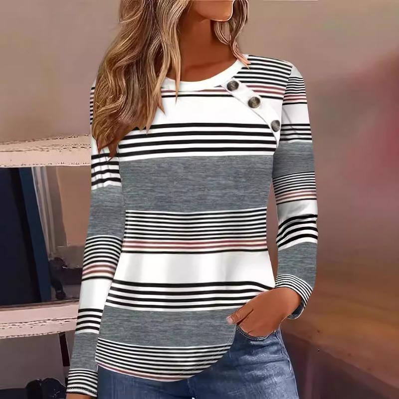 

Женская футболка весна осень мода полосатый сращивание контрастный топ круглый вырез длинный рукав повседневная свободная футболка женская XXL