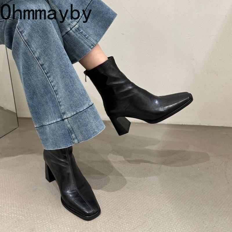 Vintage Square Toe Dick Absatz Damen Stiefelette Mode Square Toe Damen Elastische Schlanke Kurze Stiefeletten Herbst Winter Damen Schuhe