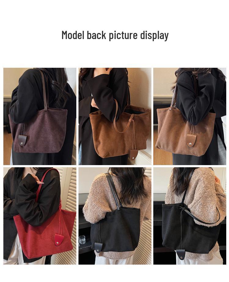 Large Capacity Casual Dark Suede Tote - Versatile Autumn/Winter Commute Shoulder Bag