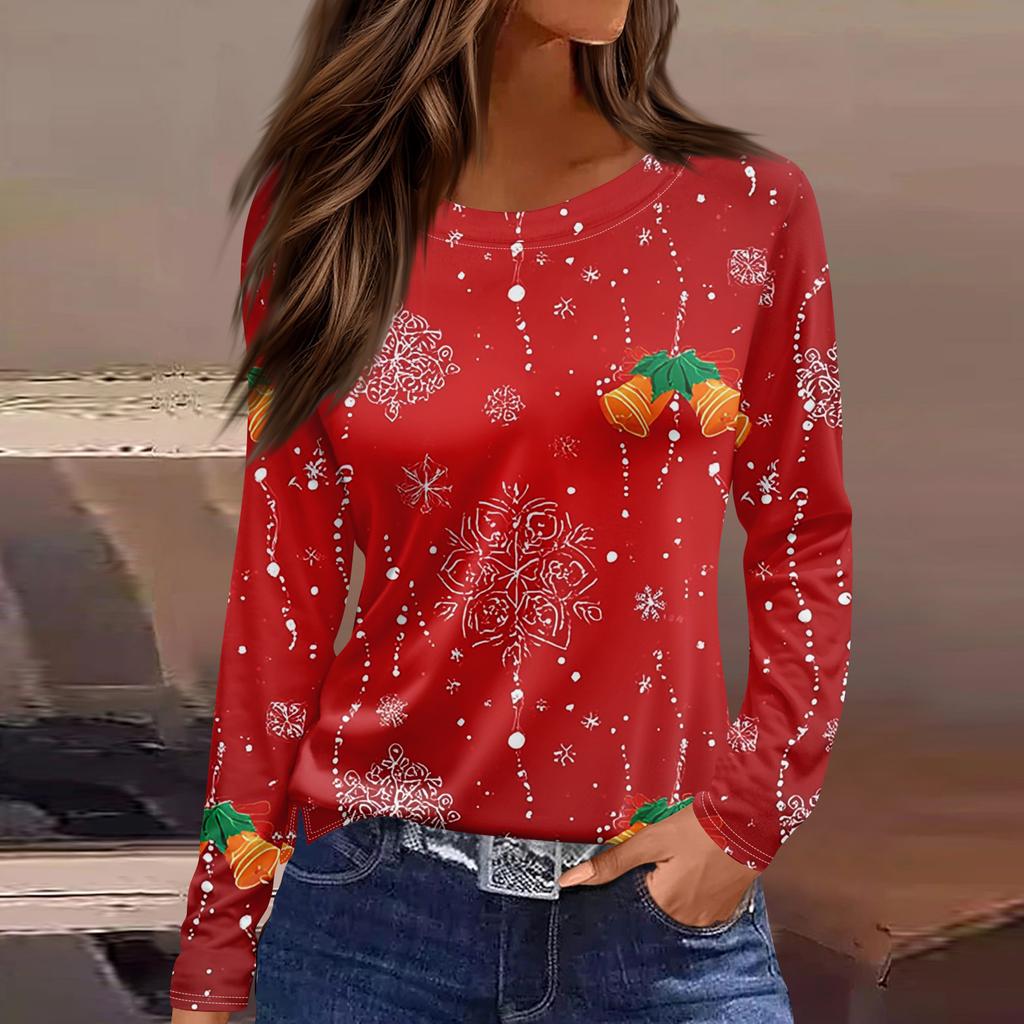 Women's Fashion Hem Slit Casual Christmas Printed Round Neck Long Sleeve Top