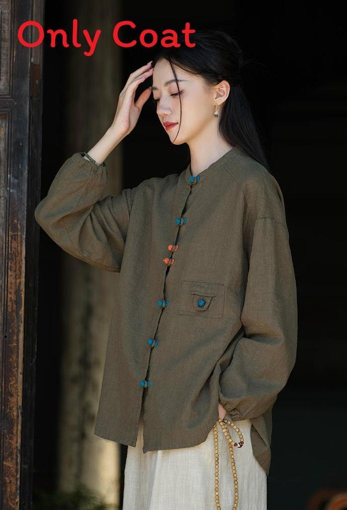 Spring 2026 Vintage Cotton Linen Shirt For Women With Colorblock Closure
