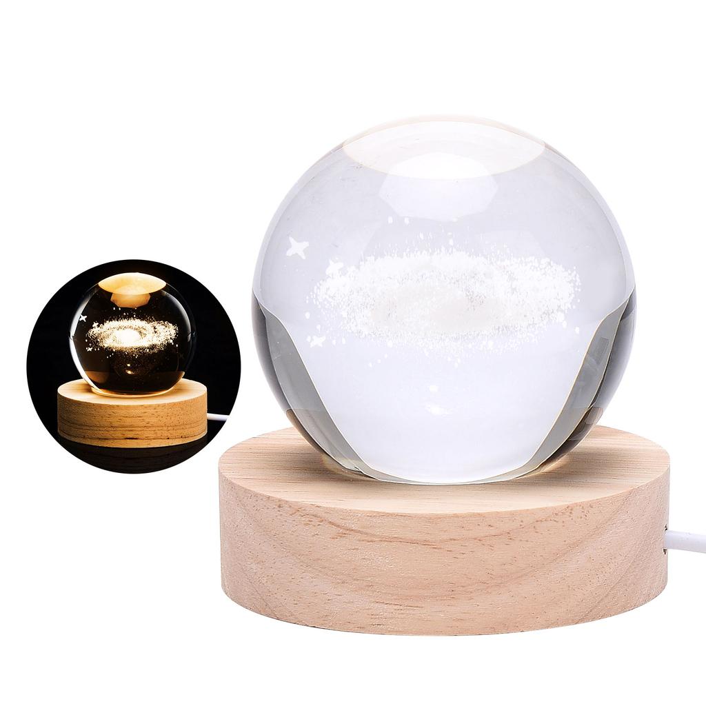 Crystal Ball Night Light Crystal Globe Light 3D Engraved Glowing Crystal Ball Night Light Romantic Ambient Lamp with Wooden Base