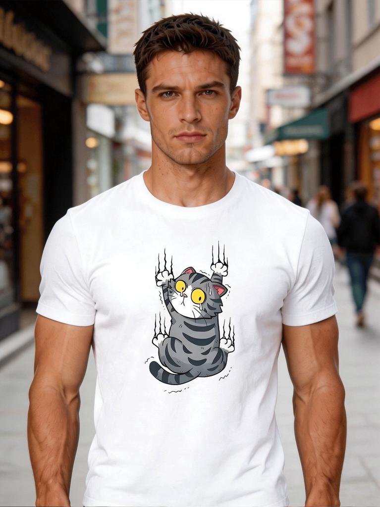 Men White Crew Neck Tee Cartoon Frightened Grey Tabby Cat Scratch Wall Big Yellow Eyes Cute Nervous Kitten Pet Casual Top