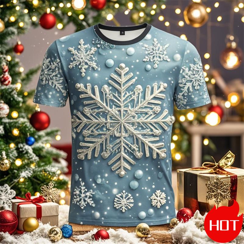Funny 3D Snowflake Print Men's T Shirt Christmas Casual Loose Short Sleeve Tops Fashion New Year Gift
