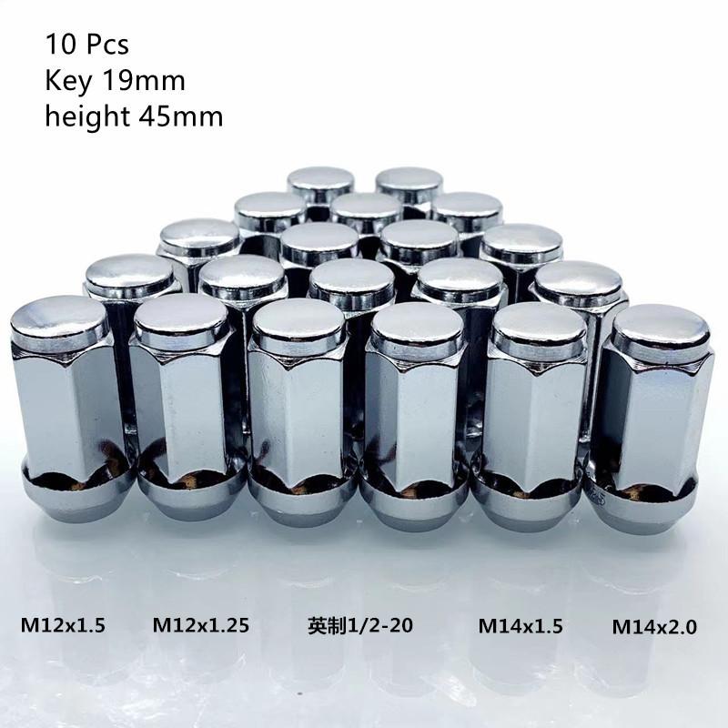 Key 19mm Lug Nuts 45mm height m12x1.25, m12x1.5 , m14x1.5 , m14x2,1/2"-20,Thread Cone Seat Car Wheel Nuts Sliver 10 Pcs