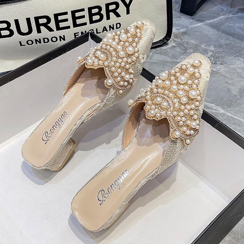 Luxury Pearl Ornaments Mules Slides Woman Elegant Point Toe Lace Sandals Ladies Chic String Bead Evening Party Flat Dress Shoes