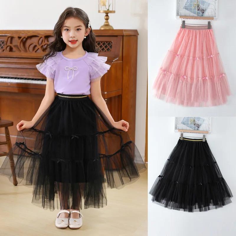 Girls Skirt Summer Mesh Fashion All-match Princess Skirt for Kids Casual Elastic Waist Teen School Children Long Skirt 4-12 Years