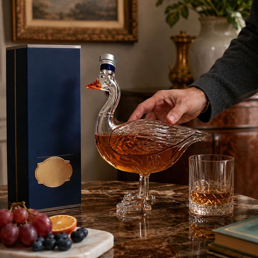 Glass Swan-Shaped Bottle with Detailed Design Standing On Two Legs Decorative Container for Liquids with Matching Gift Box Packaging