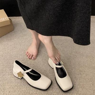 Spring 2024 New High-heeled Square-headed Mary Jane Shoes Thick Heel Shallow Mouth Word with French Gentle Wind Single Shoes Women's Shoes