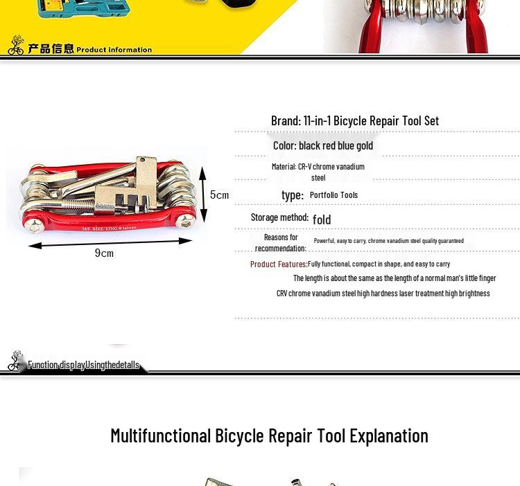 Wielofunkcyjne narzędzie do naprawy rowerów górskich 11 w 1 ze śrubokrętem sześciokątnym i przecinakiem do łańcucha