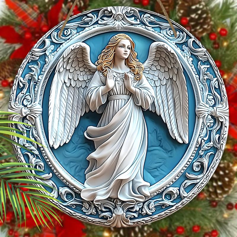 Holy Angel Wooden Sign - Beautiful Angel Round Artwork for Front Door Wall Home Hanging Decoration