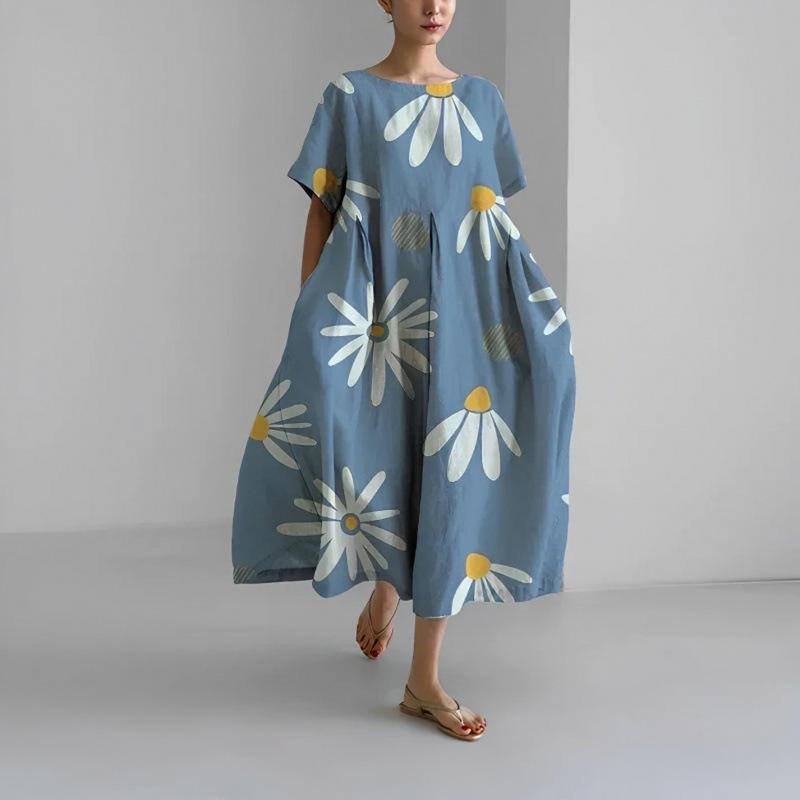 Damen Sommer Übergröße Gestreiftes Print Maxikleid, Lässiges Lockeres Rundhals Kurzarm Oversized A-Linien-Kleid