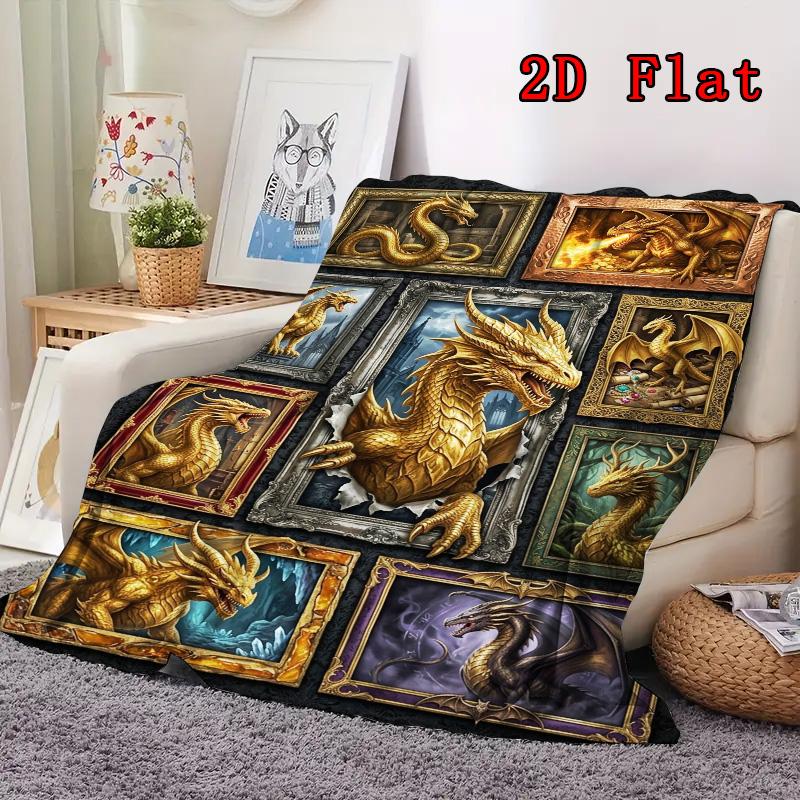 Golden Dragon Compilation 2D Flat Pattern Flannel Blanket, High Quality All Seasons, Home Decor, Warmth and Comfort, Perfect for Christmas Gifts.