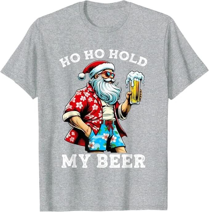Summer Men's Funny Santa Claus WearingSunglasses Beer Printed Round Neck T-shirt Soft and Breathable Holiday Short Sleeved Shirt
