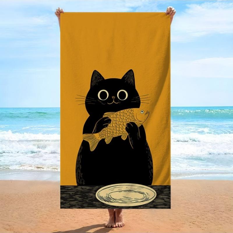 

One Playful Black Cat Beach Towel Featuring an Artistic Design of a Cat Holding a Fish, Made from Soft Microfiber Fabric. This W30*H60(CM)