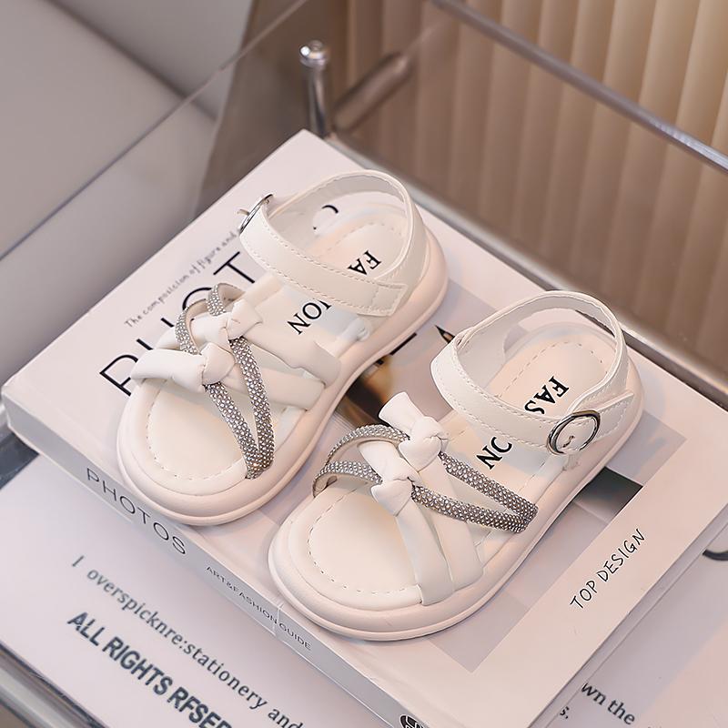 

Girls Beach Shoes Soft Sole Non-slip Kids Princess Shoes for Summer Shiny Sequins 2025 Summer Children Sandals Open Toes Sweet 26 бежевый
