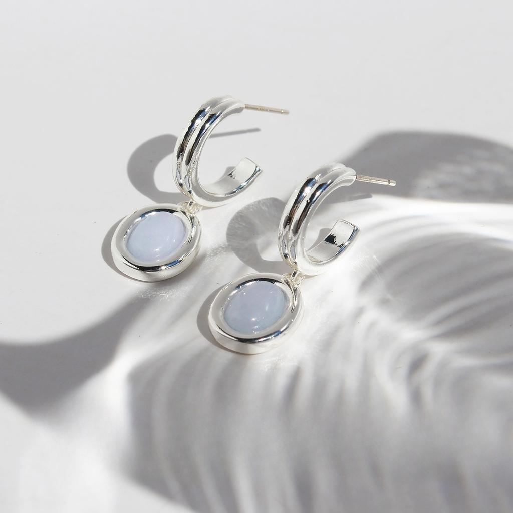 Korean Premium Cold Silver Oval Natural Stone Earrings Simple Versatile Stud Earrings Silver Needle 500