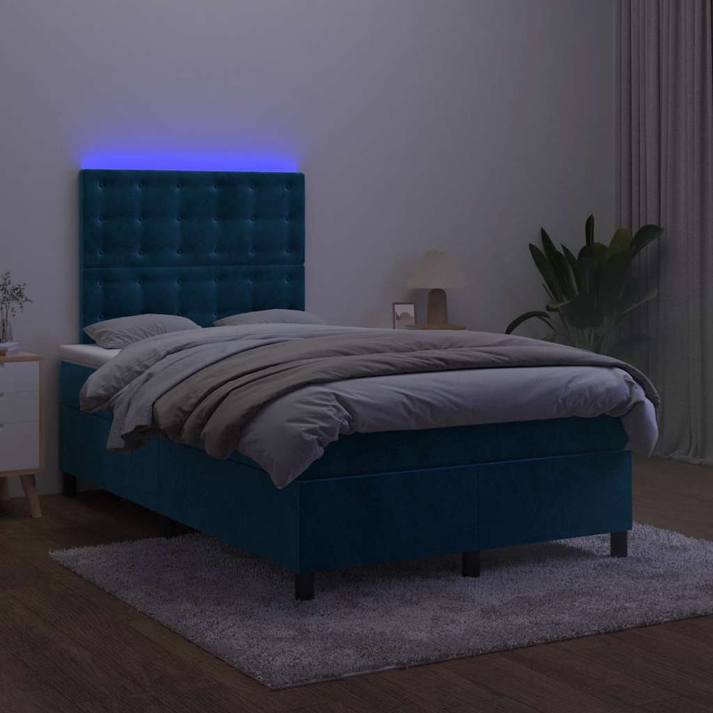 Box Spring Bed with Mattress & LED Dark Blue 120x200 cm Velvet