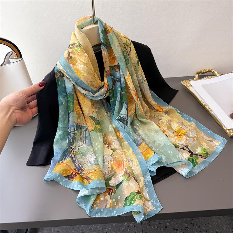 Elegant Blommigt Tryck Vår och Sommar Silkeshalsduk Stor Lång Halsduk Högkvalitativ Resesjal Solskydd Damhalsduk Huvudduk