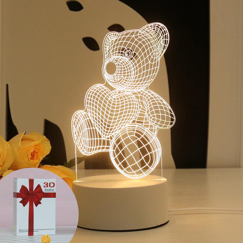 3D Acrylic Heart Bear Night Light - USB Bedside Lamp
