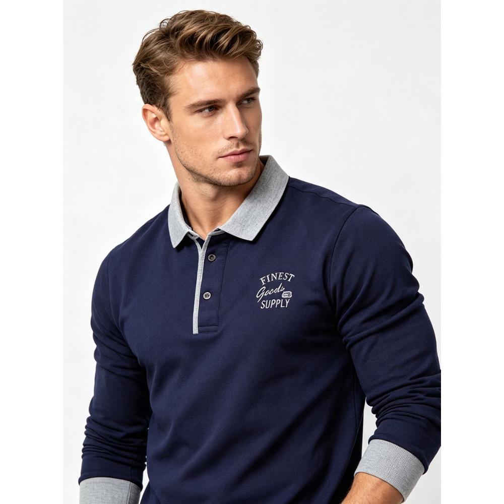 Men's Retro Color Block Long Sleeve Polo – Soft Touch Jersey Shirt with Contrast Cuffs & Vintage Logo – Smart Casual Business Wear