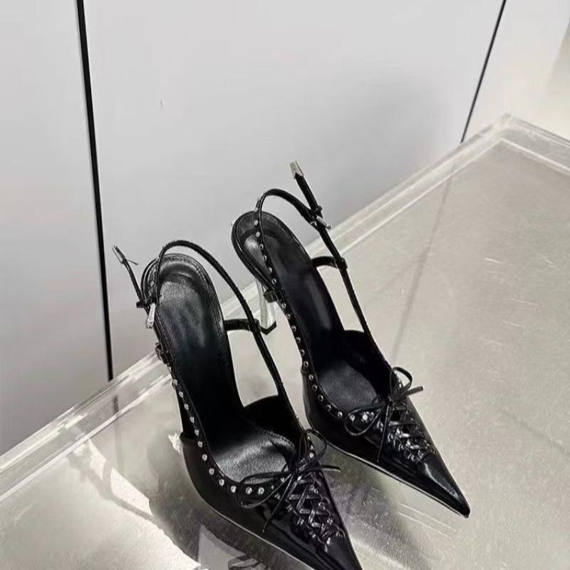 New Summer Pointed Toe Shallow Mouth Strappy Bow Studded Heels Stiletto Temperament Stiletto Sandals Women
