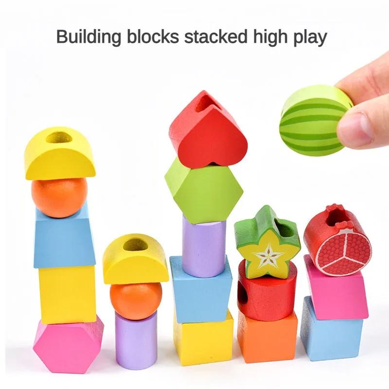 Montessori Wooden Toys Stacks Blocks Puzzle Game Colorful Beaded Fruit Color Shape Matching Early Educational Toys Gift for Kids