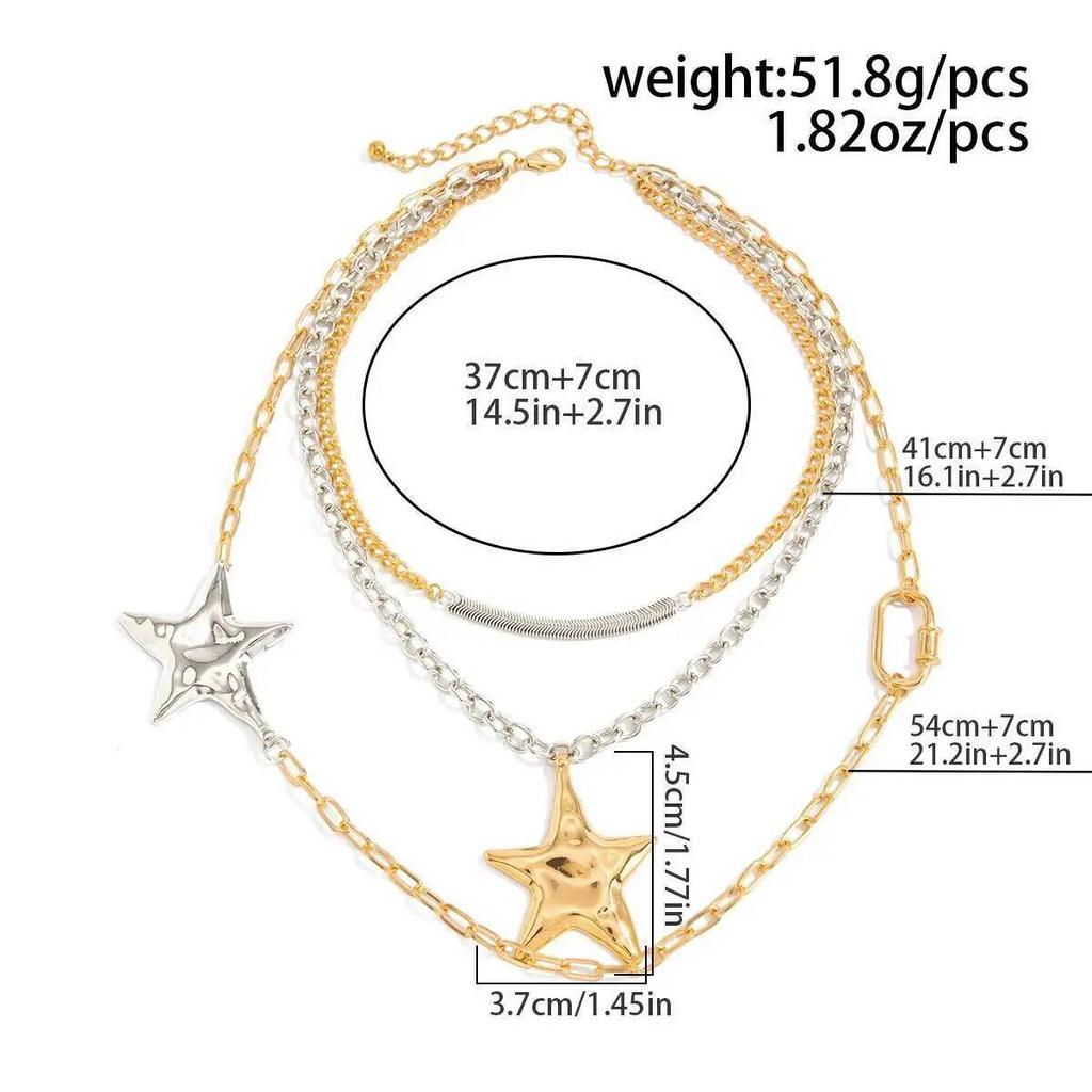IngeSight.Z Creative Multilayer Metal Five-pointed Pendant Necklace Women Punk Retro Adjustable Charm Choker Daily Jewelry Gifts