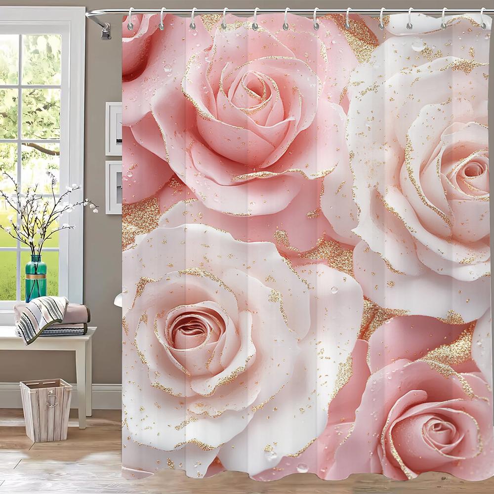 Pink Flower Shower Curtain For Women Bridal Wedding, Pink Flowers Romantic Suitable For Girls Hanging Curtain With Hooks