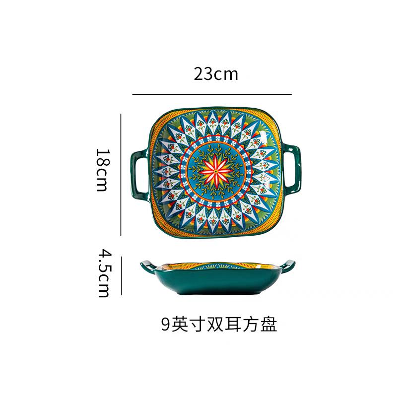 

Расписанная вручную богемная керамическая форма для запекания Квадратная с ручками Для пасты и десертов Подходит для духовки и микроволновой печи.