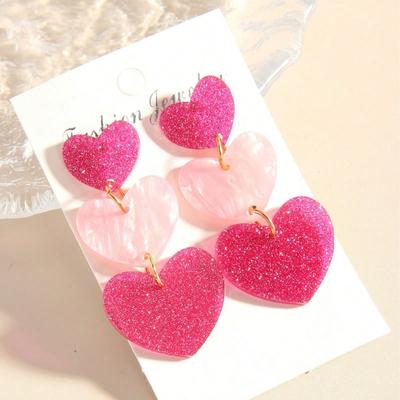1 Paar Rosa Herzförmige Ohrringe, Damen Mehrschichtiger Ohrring-Anhänger in Farbblock-Optik, Valentinstag Einfache Herzförmige Ohrringe aus Acryl