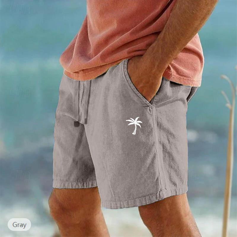 Cross-border New Coconut Printed Linen Shorts Drawstring Elastic Waist Solid Color Breathable Beach Five-point Casual Pants