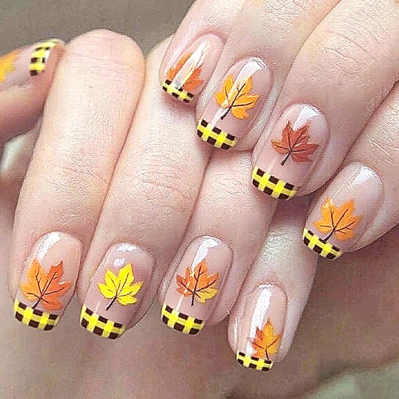 Fall Press on Nails Long Ballerina Coffin Nails Thanksgiving Maple Leaf Acrylic Glue on Nail Glossy Autumn Gold Maple Leaves Fake Nail for Women DIY