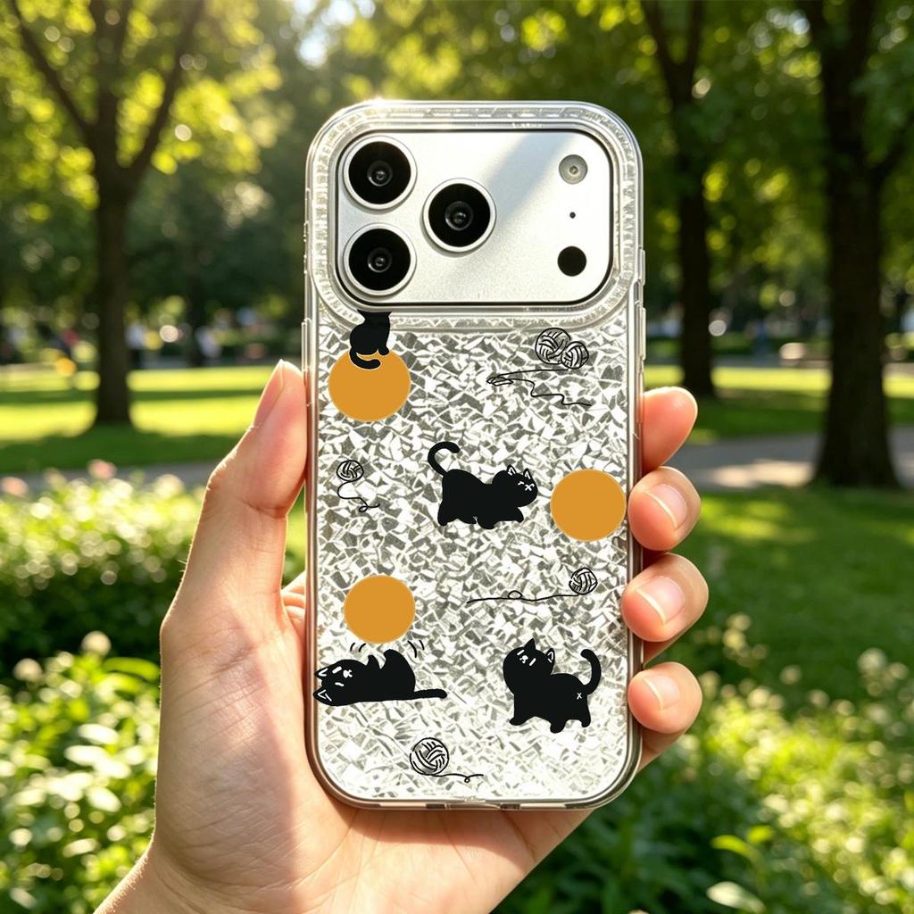 Black Cats with Balls Case for iphone 16 Plus XR XS Max 18 Pro Max 17 Pro 11 13 Air 15 12 14 Silver Glitter Crackle Background