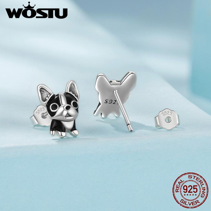 WOSTU 925 Sterling Silver Cute Pet Dog Earrings For Women French Bulldog Labrador Stud Earring Family Daugther Mom Jewelry Gift
