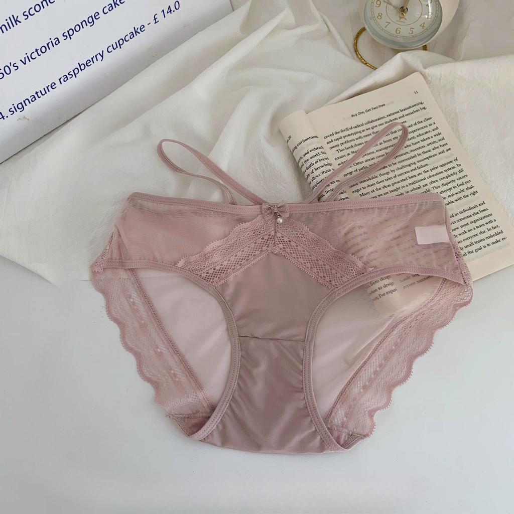 Ladies Spring and Autumn Sexy Lace Cross Strap Breathable Mesh Cotton Crotch Panties