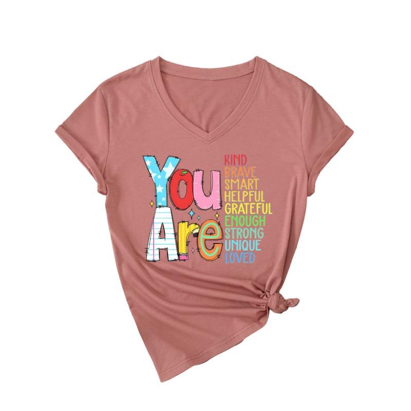 Summer V-neck Inspirational Text Printed Top Fashionable Casual Short Sleeved Women's T-shirts