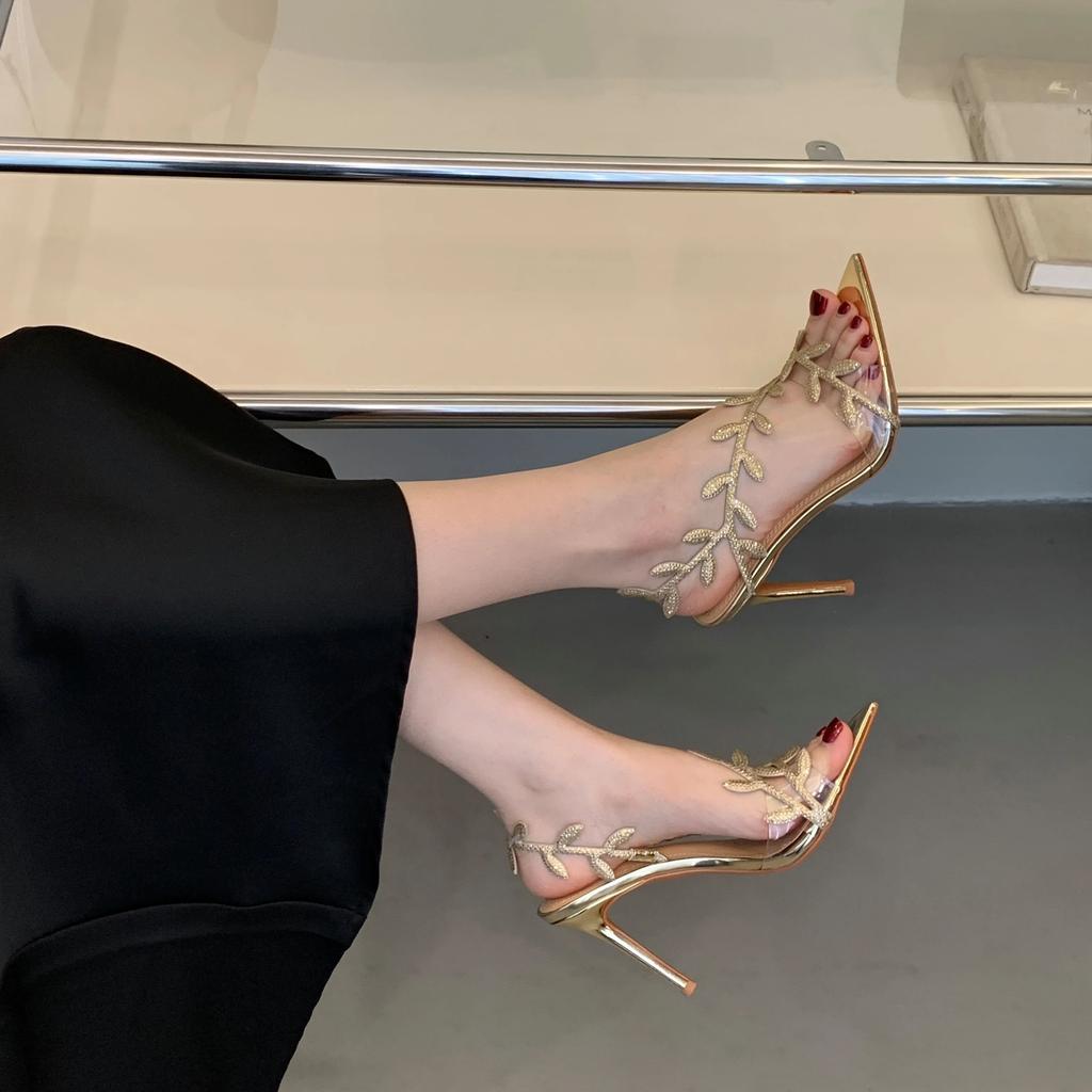 Sommer Damen Pumps Sexy Spitzschuh Strass Blätter PVC Knöchelriemen High Heel Sandalen Partykleid Hochzeitsschuhe