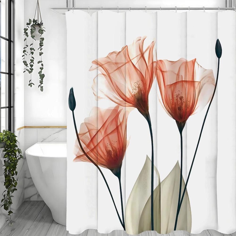 

Orange Flower Shower Curtain With Watercolor Tulip Design For Bathroom, Waterproof Polyester Fabric Shower Curtain With Hooks, W W60H190(CM)-1 Pcs