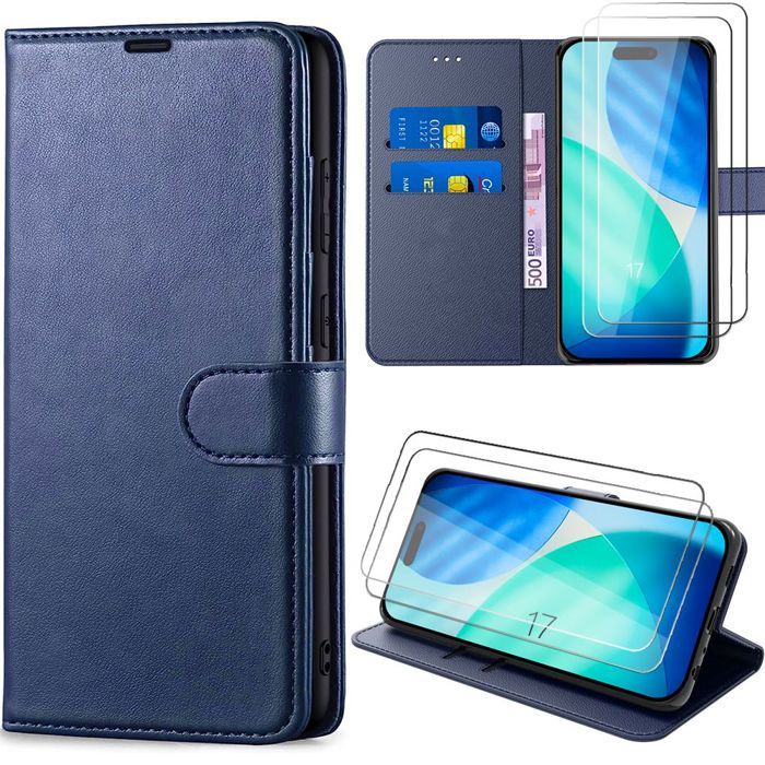 Case for iPhone 17 - BOOLING - Flip Case Synthetic Leather Anti-Scratch Navy Blue - 2 Tempered Glasses