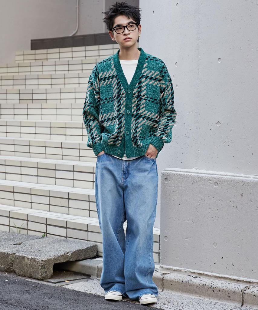 WEGO Velvet Mohair Pattern Long Korean Perfect for and Size Green Men's Cardigan, Sleeve, Casual, Check, Spring, Autumn, Winter, M, Check, Gift.