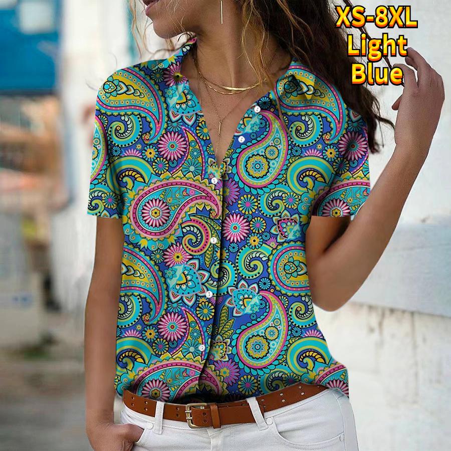 2025 Summer New Fashion Women's Retro Printed Short Sleeve V-neck Casual Button-down Shirt Top