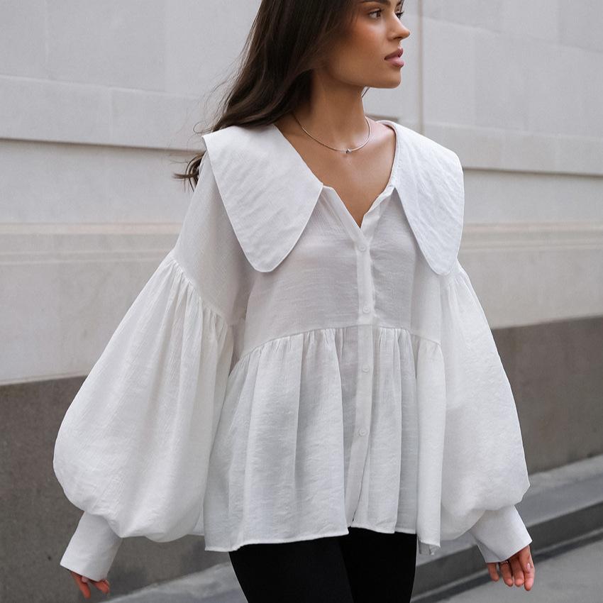 French Sweet Loose Doll Collar Shirt Women's Autumn New Design Sense Age-reducing Fashion Pleated Bubble Sleeve Top