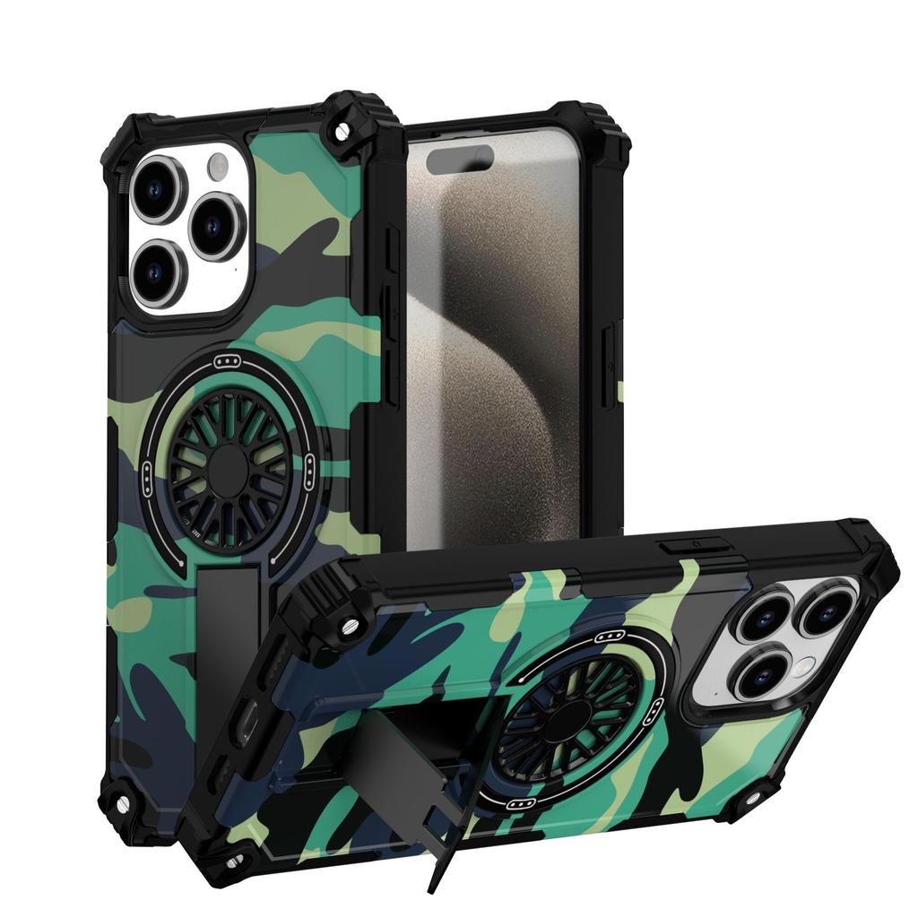 Painting Army Camouflage Carbon Fiber Magnetic Bumper Phone Case With Kickstand For iPhone 17 16 15 Pro Max Samsung S25 S24 A56 Hard Protective Cover