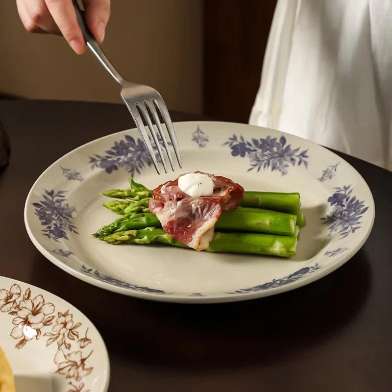 Retro French Style Ceramic Plates Luxury Restaurant Round Fruit Dessert Plate Breakfast Salad Sandwich Plate Household Tableware