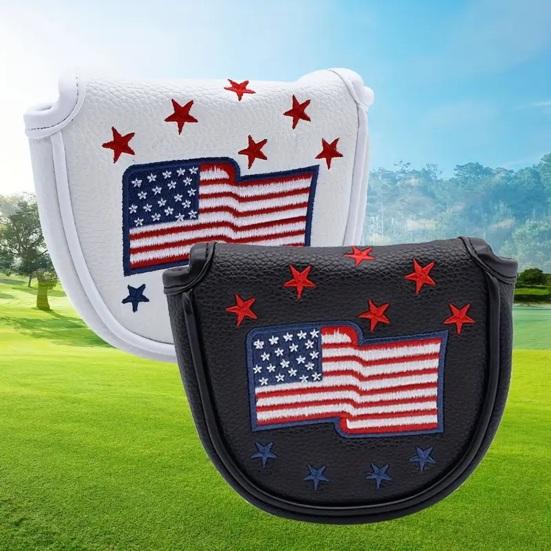 Golf Club Head Cover for Woods Driver Fairway Hybrid Faux Leather Mallet Putter Covers with Magnetic Closure US Flag Pattern Blade Headcover Protector