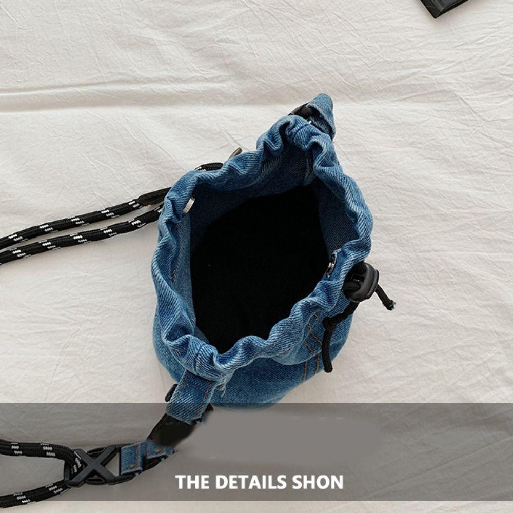 Large Capacity Drawstring Crossbody Bag Solid Color Jeans Shoulder Bag Denim Canvas Bag  Women