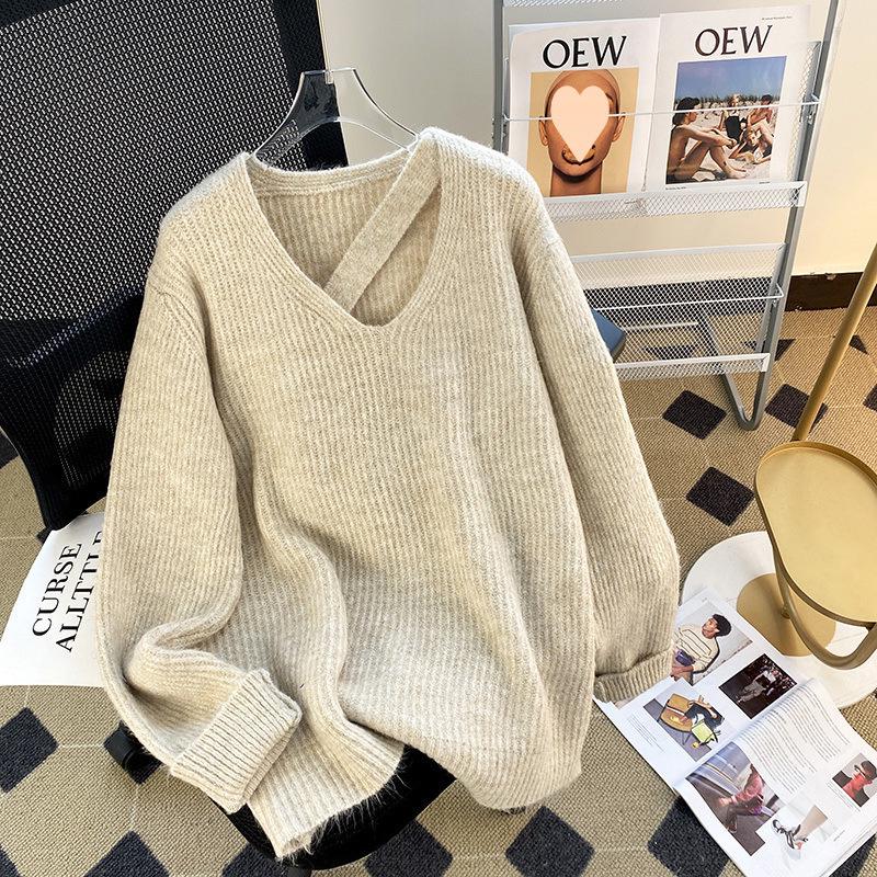 

High-End Women’s Thick Knit Collar Cutout Sweater - Autumn/Winter Korean Style S абрикосовий