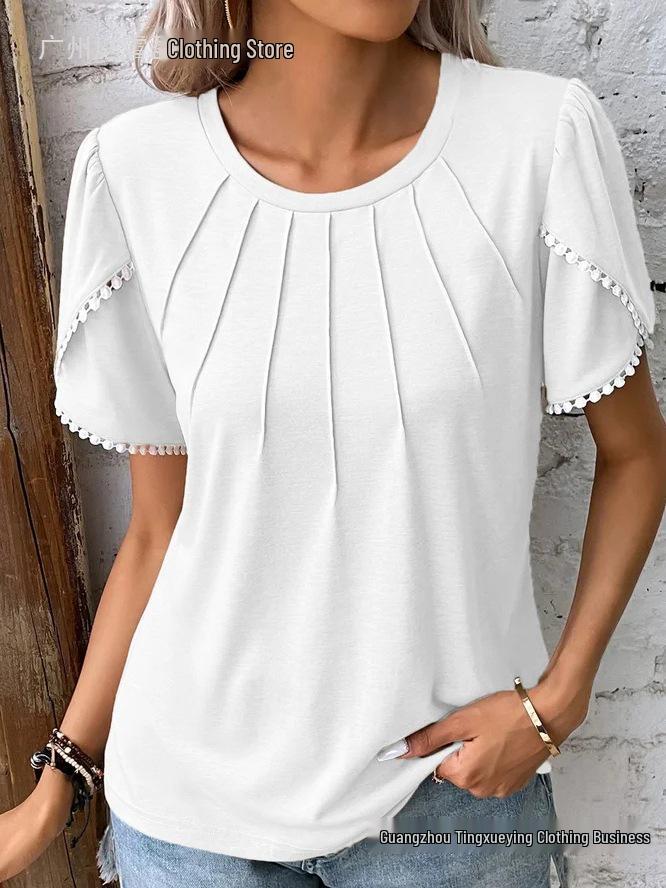 2026 Women's Summer Solid Color Pleated T-Shirt with Lace Short Sleeves