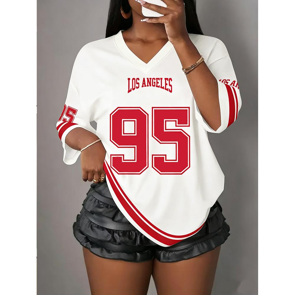2026 Spring/Summer Women's Casual Sports Style Los Angeles Printed Letter NO.95V Collar Basketball Game Y2k Women's T-shirt Top